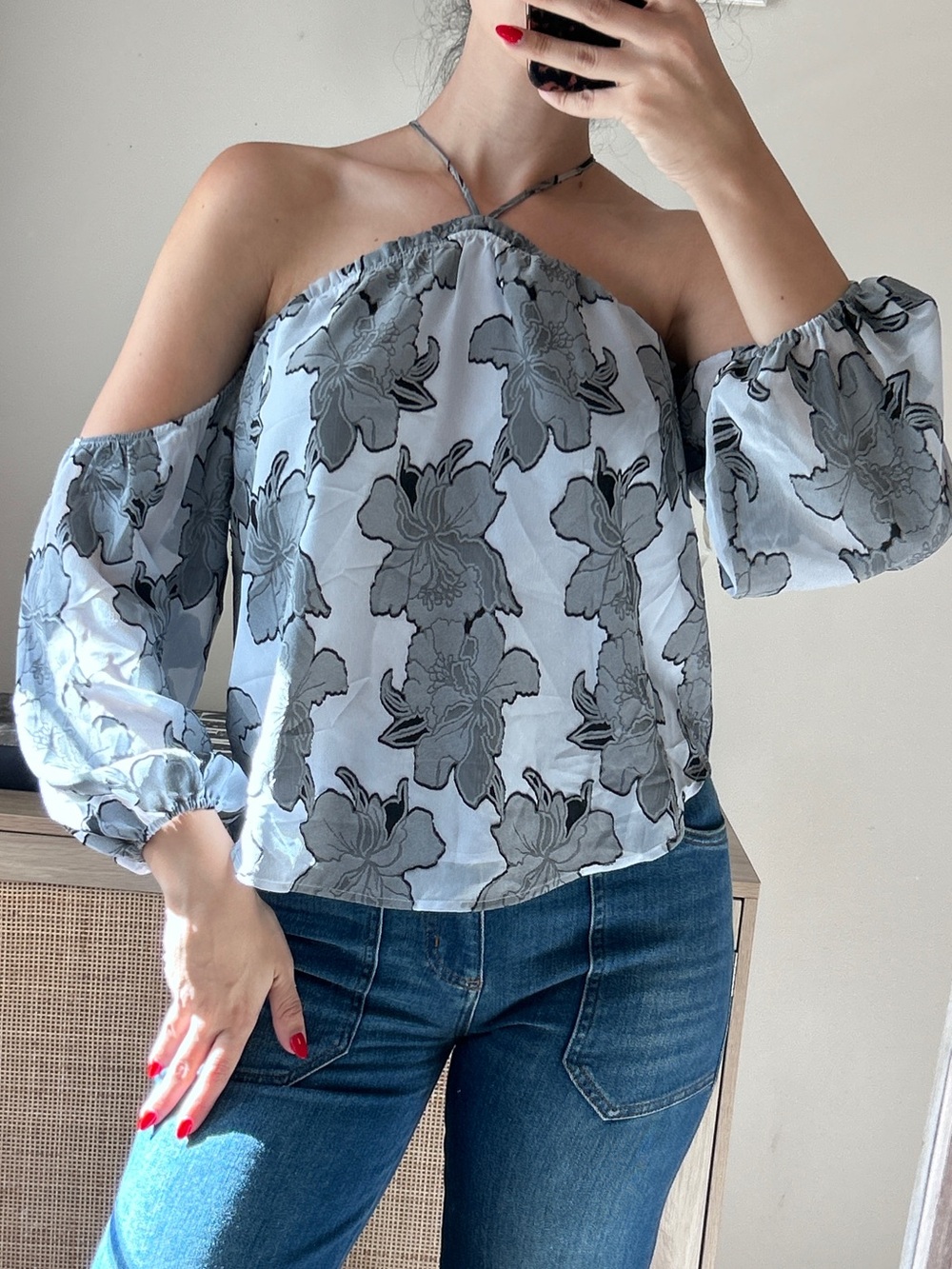 Leith Gray and Black Floral Off-Shoulder Blouse